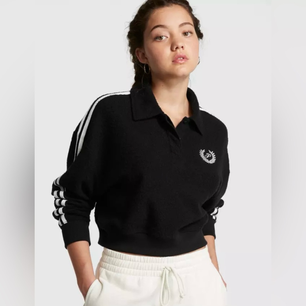 VICTORIA'S SECRET PINK Black Soft Reverse Fleece Cropped Polo Sweatshirt Sz L